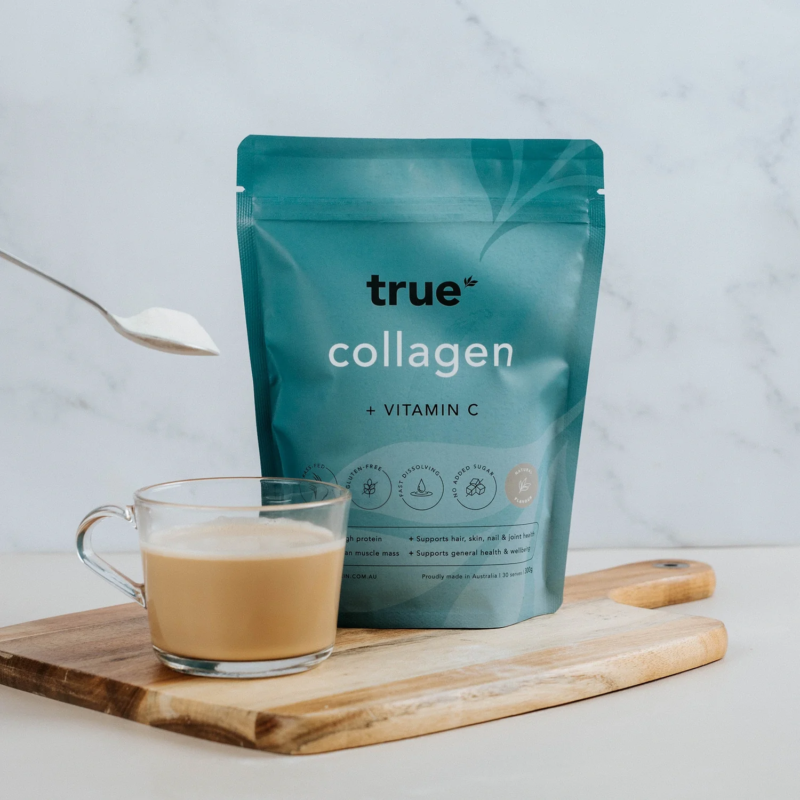 Premium collagen peptides powder in a glass jar representing protein supplements for wellness