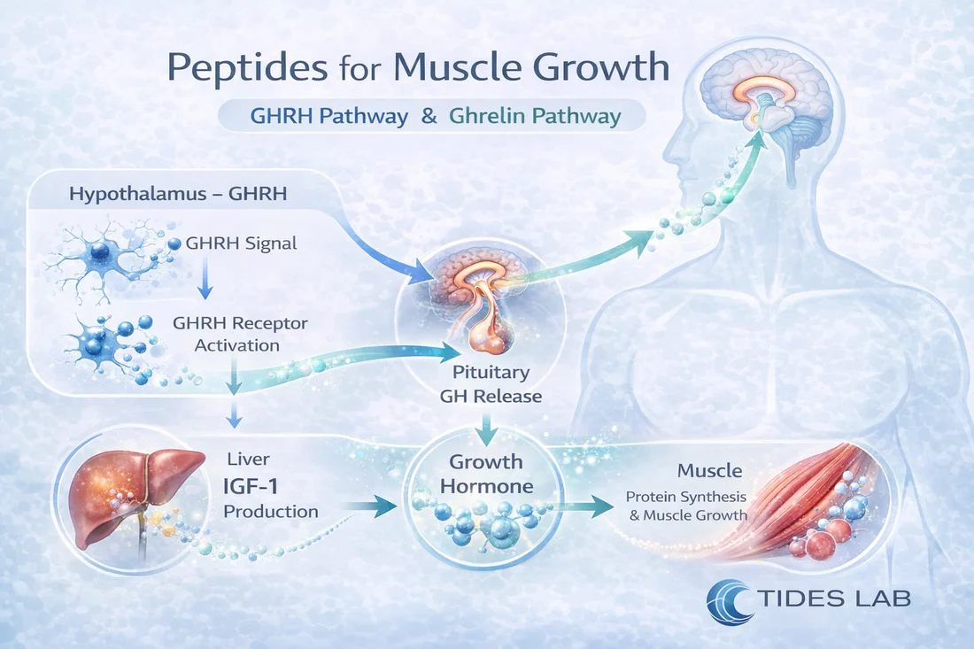 Scientific illustration of peptides for muscle growth and protein synthesis
