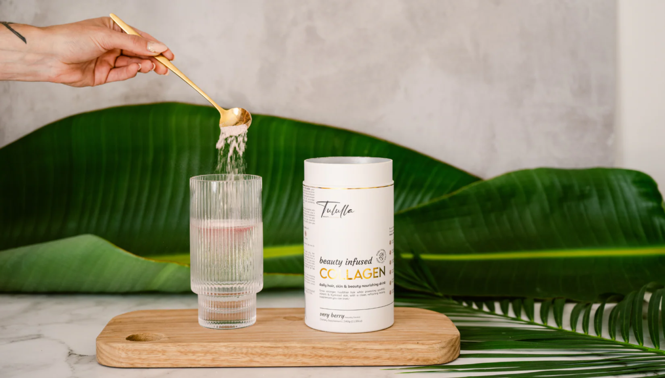 Daily wellness routine featuring beauty supplements and joint support tools