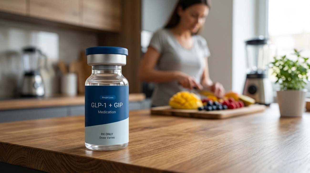 Medical vial and syringe illustrating correct retatrutide peptide dosage for weight loss