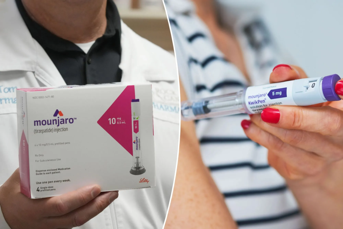 A professional pharmacist holding a Mounjaro pen while explaining the mounjaro uk price to a patient