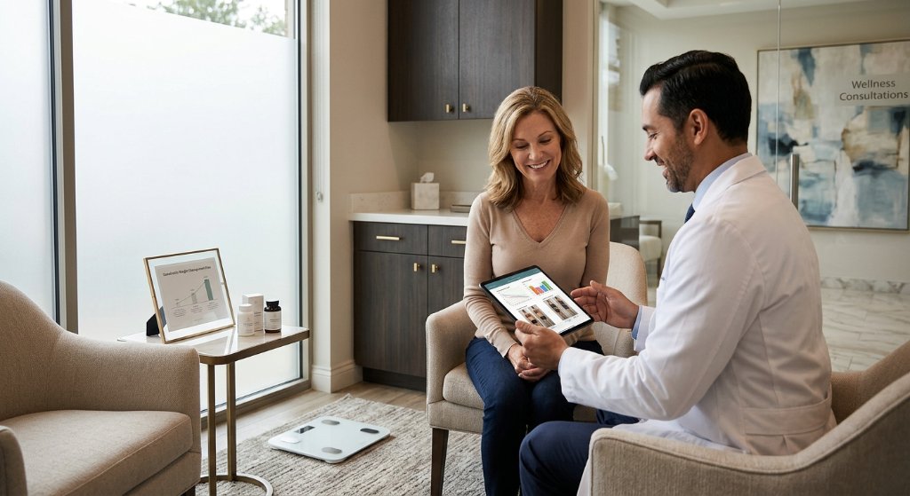 Medical professional discussing semaglutide near me options with a patient in a modern weight loss clinic